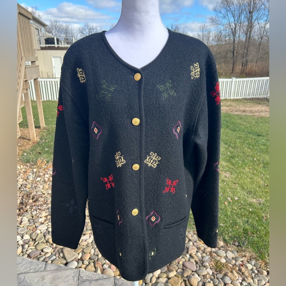Vintage Nygard Collection Black Wool Button Front Cardigan Embroidered Festive M